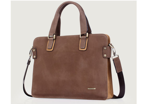 Customized Mens Business Briefcase , Mens brown leather briefcase with zipper pocket on back