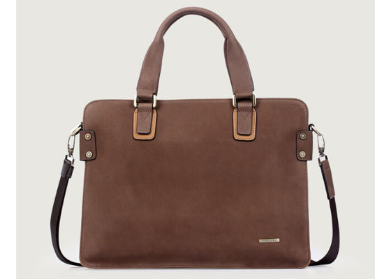 Customized Mens Business Briefcase , Mens brown leather briefcase with zipper pocket on back